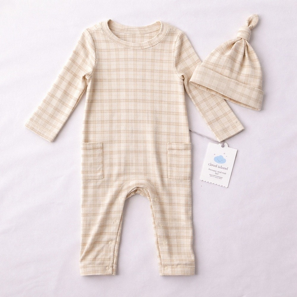 Cloud Island Baby Romper and Hat Set Beige Plaid Striped 12 Month
